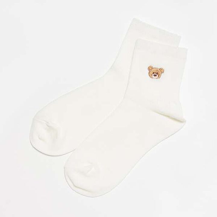 Ribbed Embroidered School Socks,Off white, medium image number 0