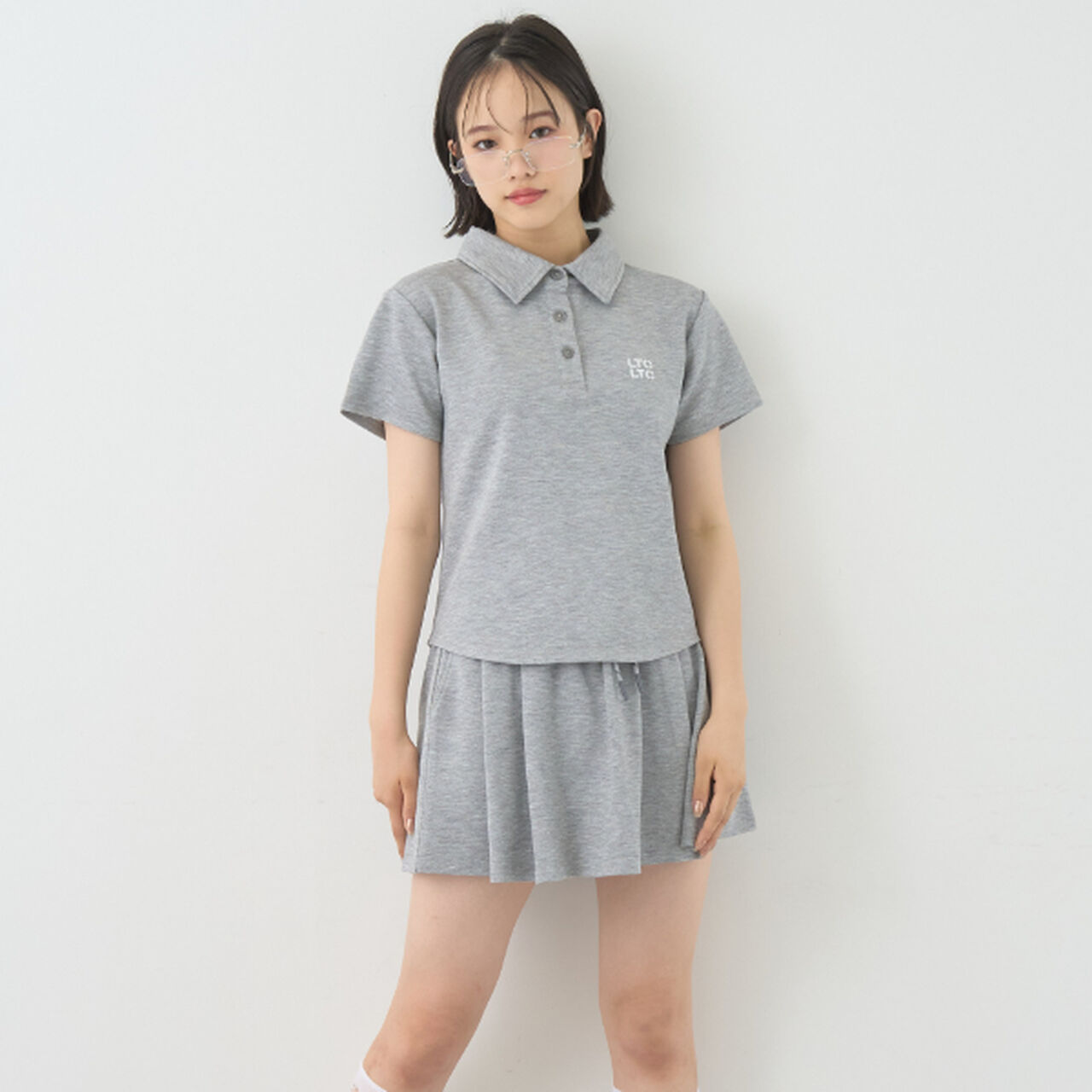 Polo Skirt Outfit Set,Top gray, large image number 0