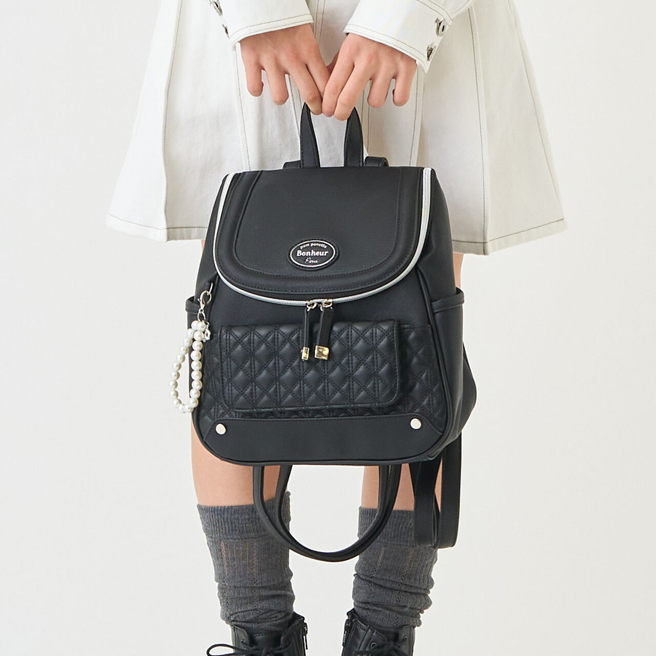 Quilted Design Bucket Backpack,Black, large image number 0