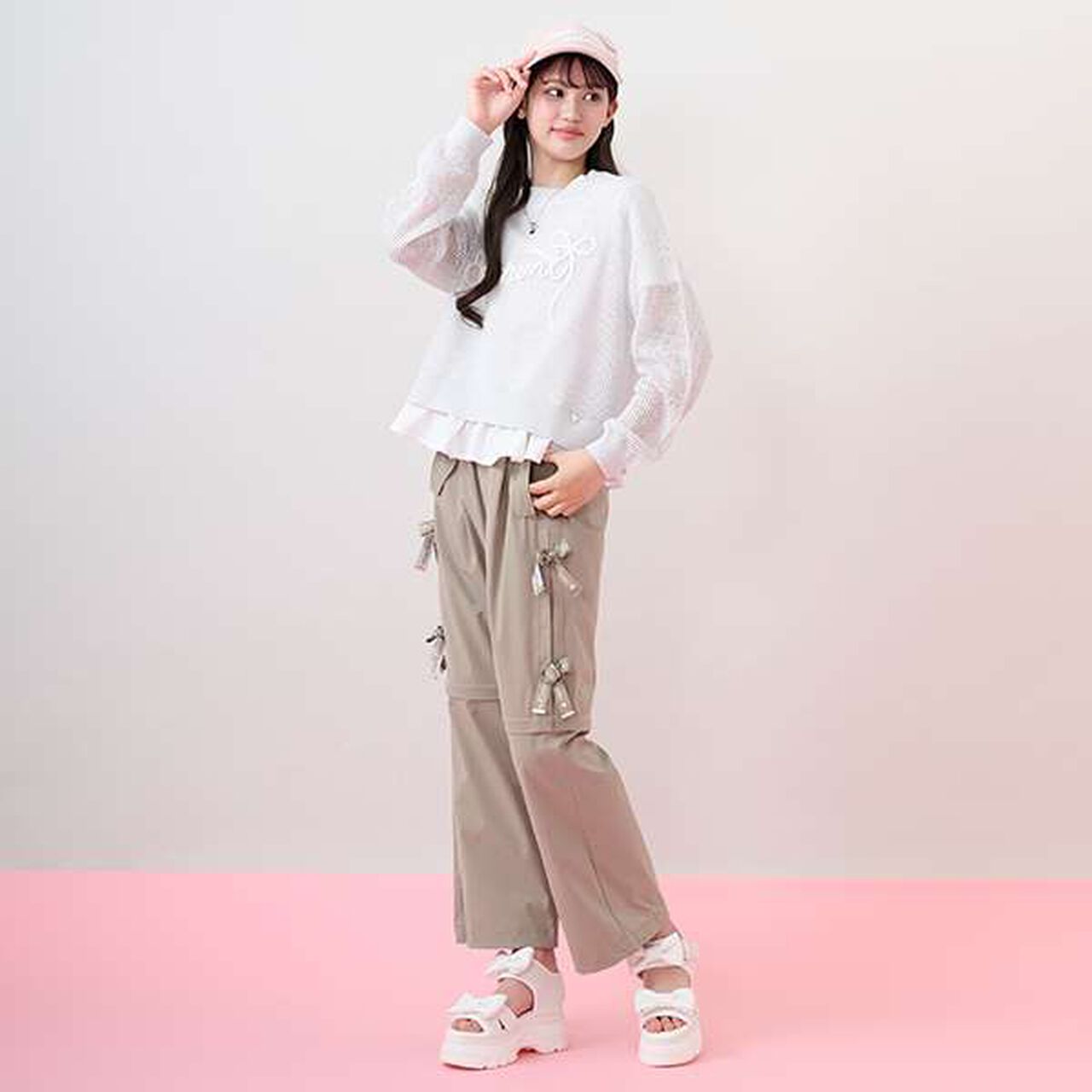 [Cool Touch] Lame Mesh Knit & Peplum T-Shirt Set,Ivory, large image number 21