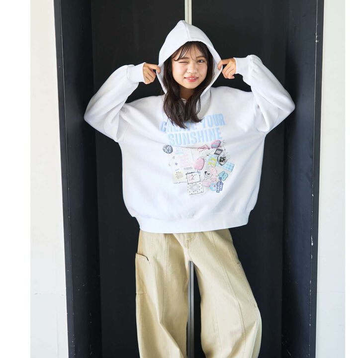 LTXC [Wool Lined] Sticker-Style Loose Fit Pullover Hoodie,Off white, medium image number 1