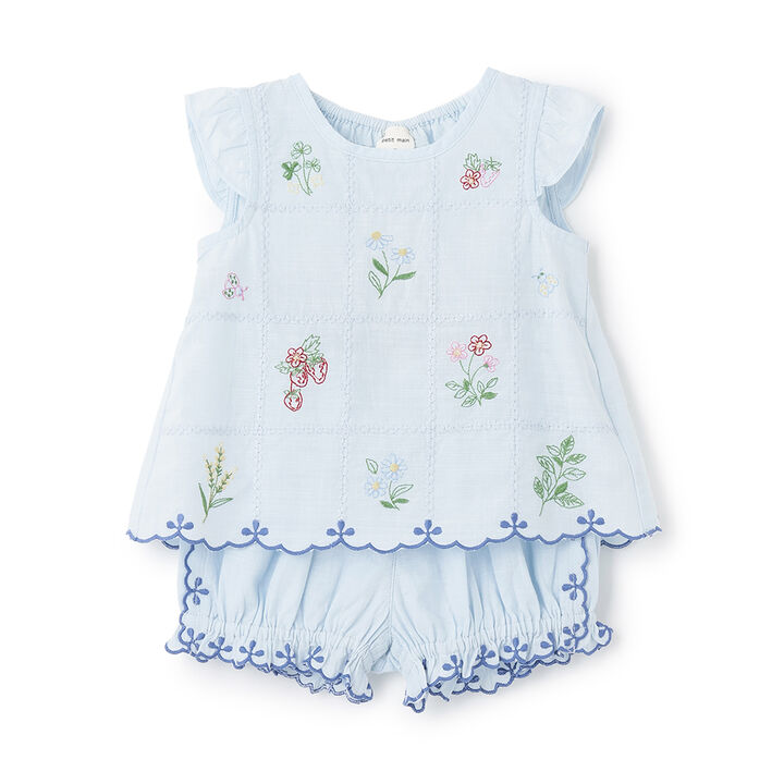 [Link] Indian Cotton Botanical Embroidery Outfit Set,Blue gray, medium image number 0