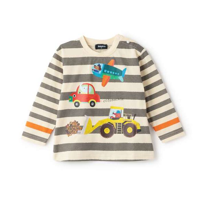 [Korobokkuru] Vehicle Stripe Pattern Long-Sleeve T-Shirt,Gray, medium image number 0