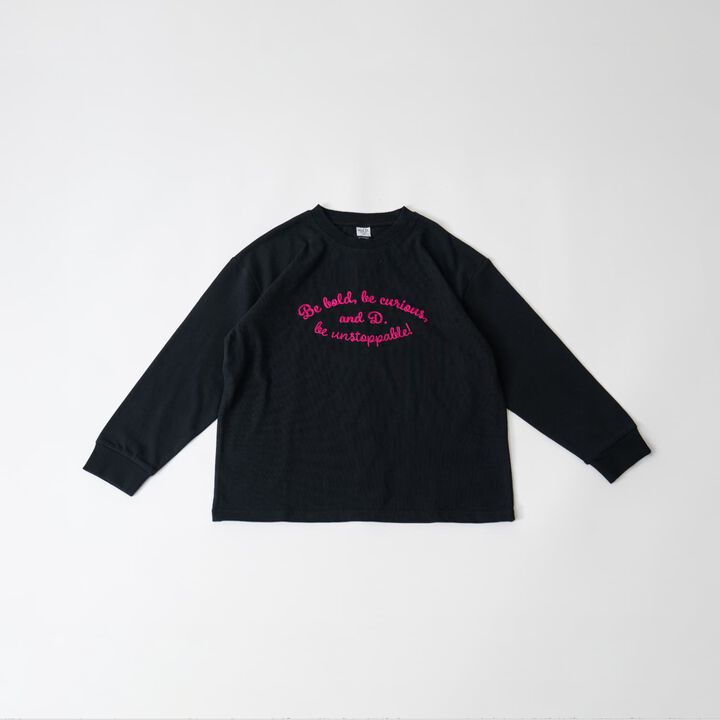 [USA Cotton] Chain Stitch Logo Wide Long Sleeve T-Shirt,Black, medium image number 0