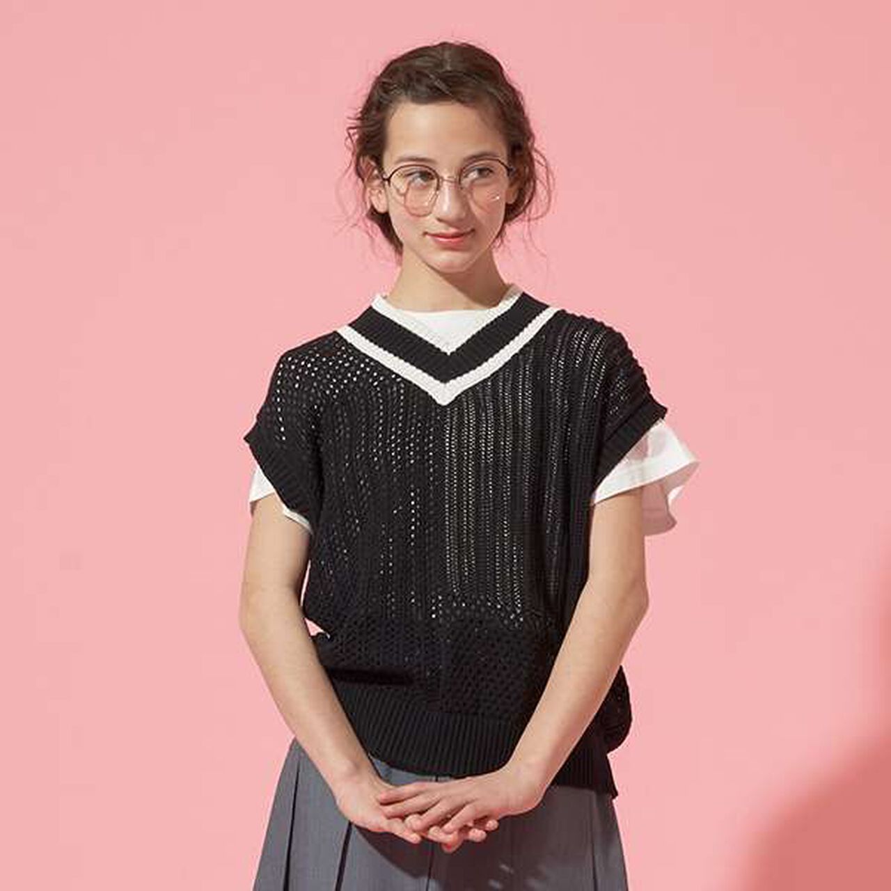 [AMI] Patchwork Knit Mesh Vest Set,Black, large image number 0