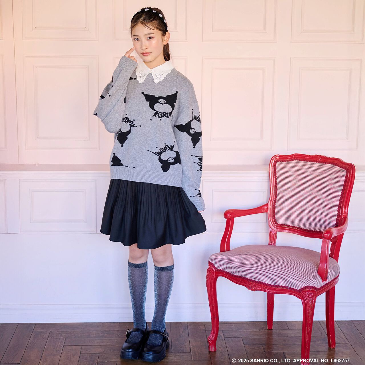 My Melody / Kuromi All-Over Pattern Jacquard Pullover & Lace Collar Set,Black, large image number 15