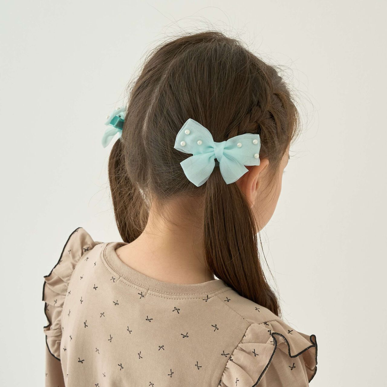 Imitation Pearl Ribbon Hair Clip Set of 2 [Kids Girls],Emerald green, large image number 0