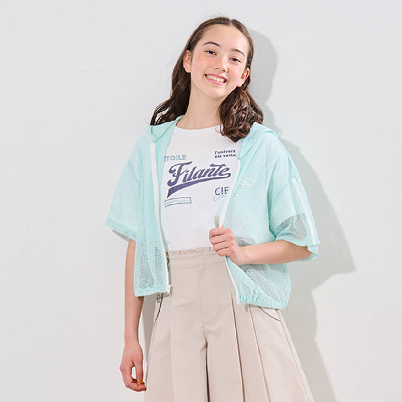 Mesh Short-Sleeve Logo Parka T-Shirt Set,Off white, large image number 7