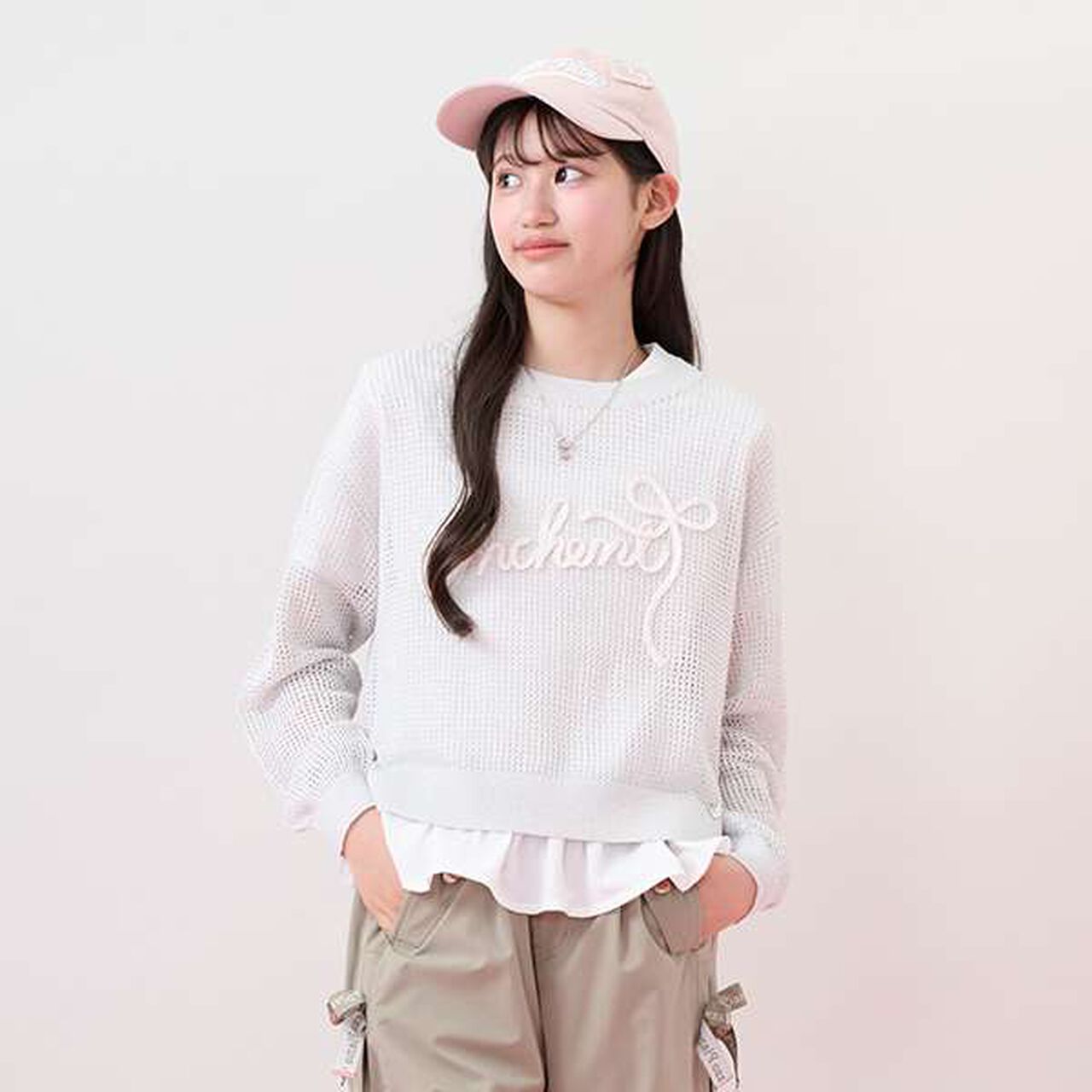 [Cool Touch] Lame Mesh Knit & Peplum T-Shirt Set,Ivory, large image number 0