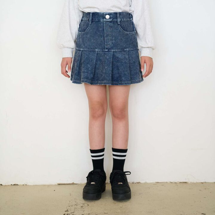 [Stretch] Denim-Look Cut Pleated Skirt,Blue, medium image number 7