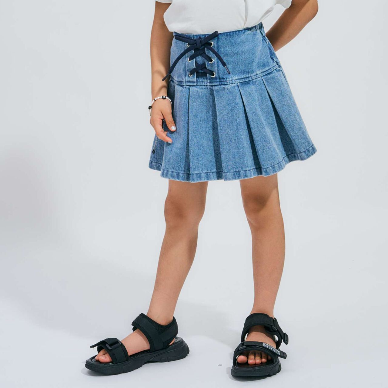 [Lace-Up Denim Skirt with Inner Pants],Blue, large image number 0