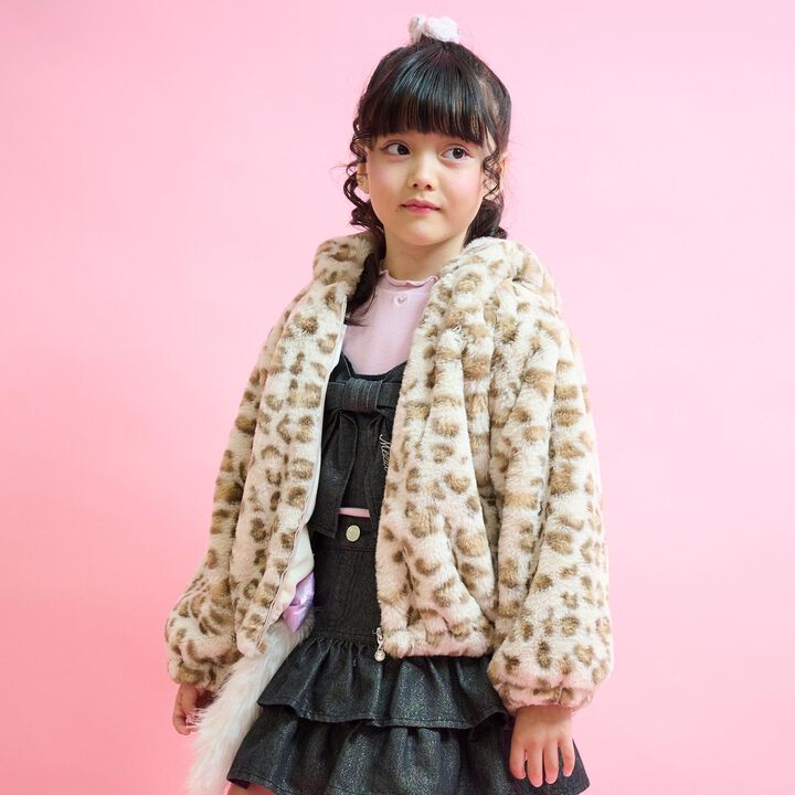 Leopard Print Faux Fur Bomber Jacket,Beige, medium image number 0