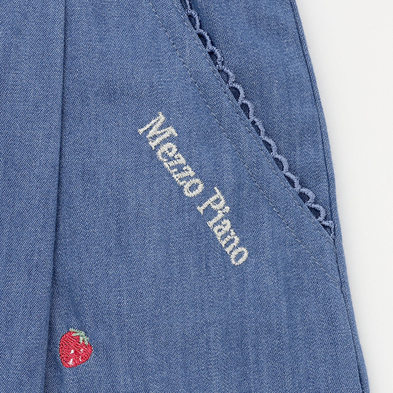 Denim Gingham Strawberry Embroidery Culotte Skirt,Navy, large image number 4