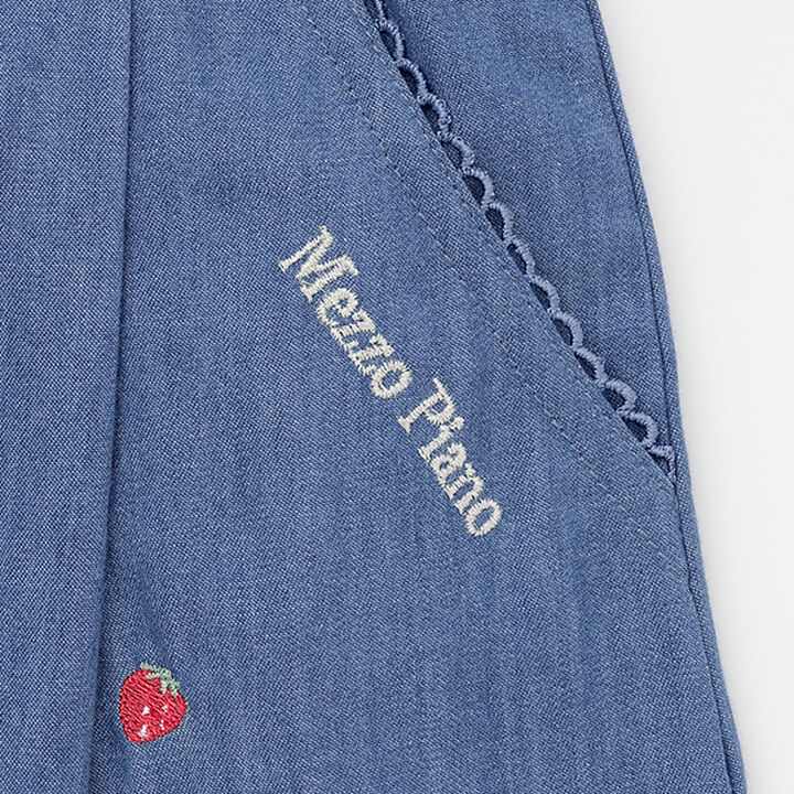 Denim Gingham Strawberry Embroidery Culotte Skirt,Navy, medium image number 4