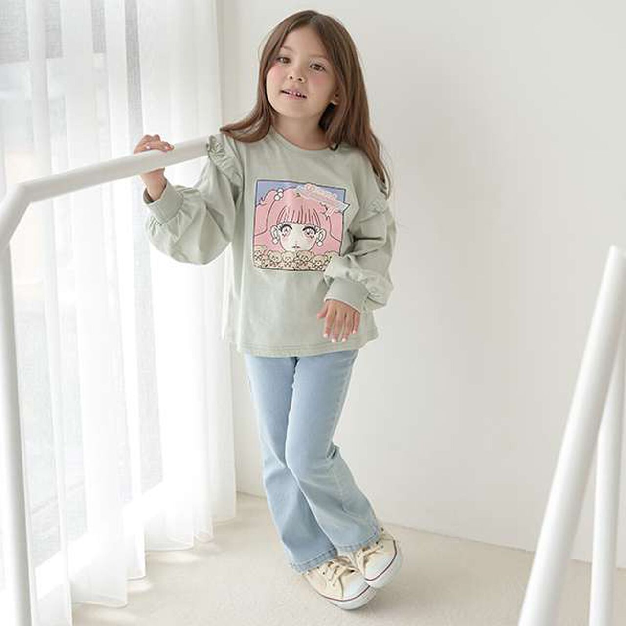 Non-Deforming Girls' Frill Big T-Shirt,Mint, large image number 2