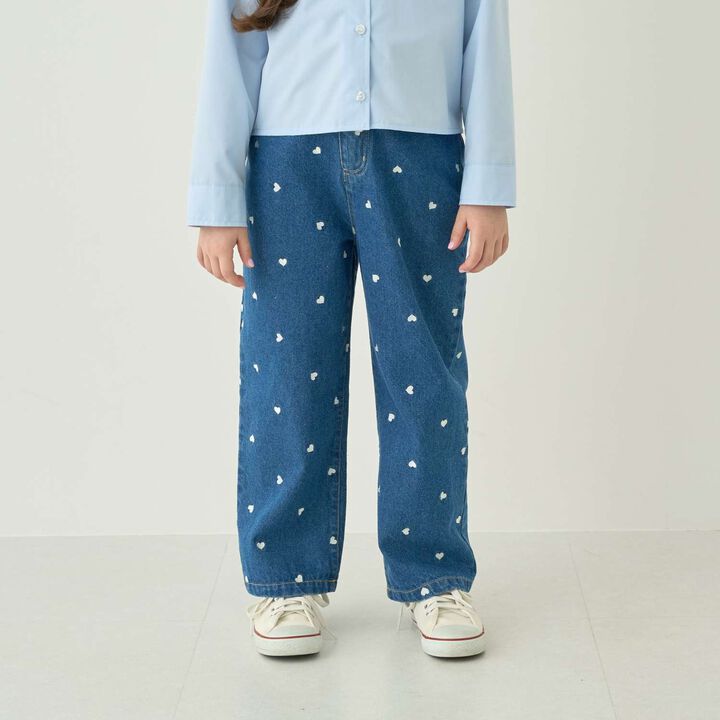 [Soft Denim] Heart Embroidered All-Over Pattern Barrel-Leg Pants for Girls [Kids],, medium