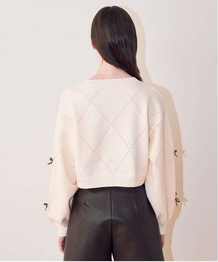 Ribbon Motif Diamond Knitwear,Black, medium image number 4
