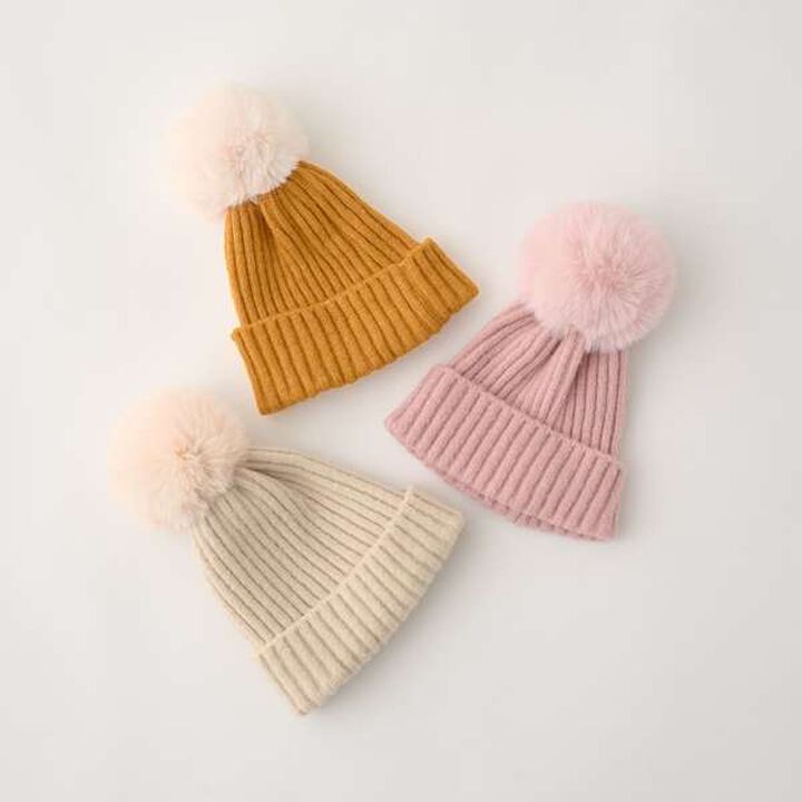 Big Pom Pom Knit Hat,Mustard, medium image number 1