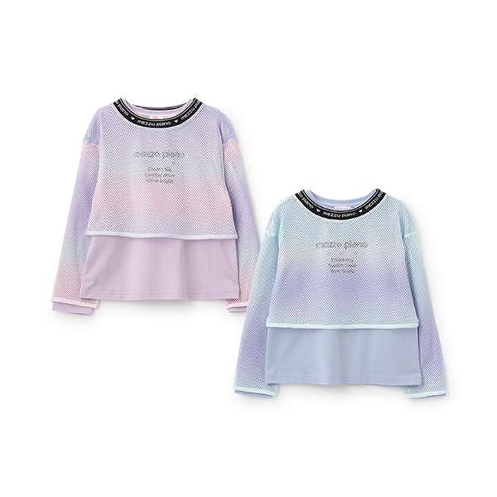 Gradient Mesh & Shoulder Cut Long Sleeve T-Shirt Set,Lilac, medium image number 2