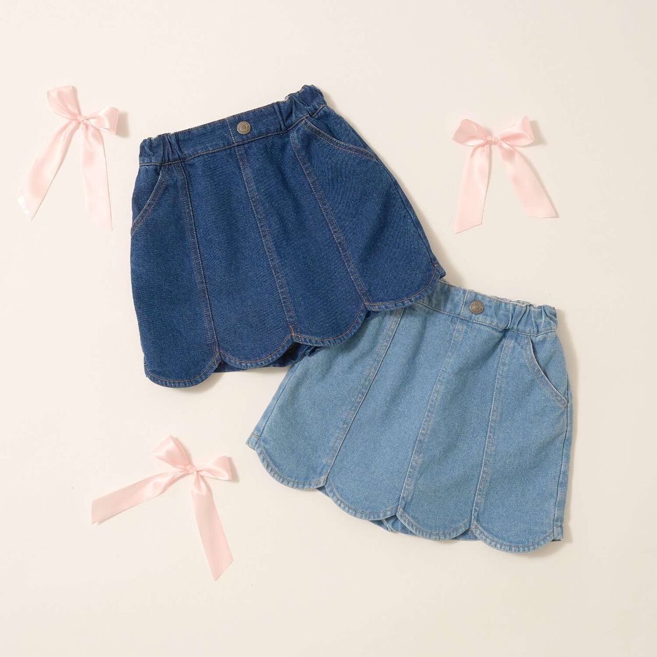 Stretch Denim Scallop Trim Skirt with Shorts,Sax blue, large image number 13