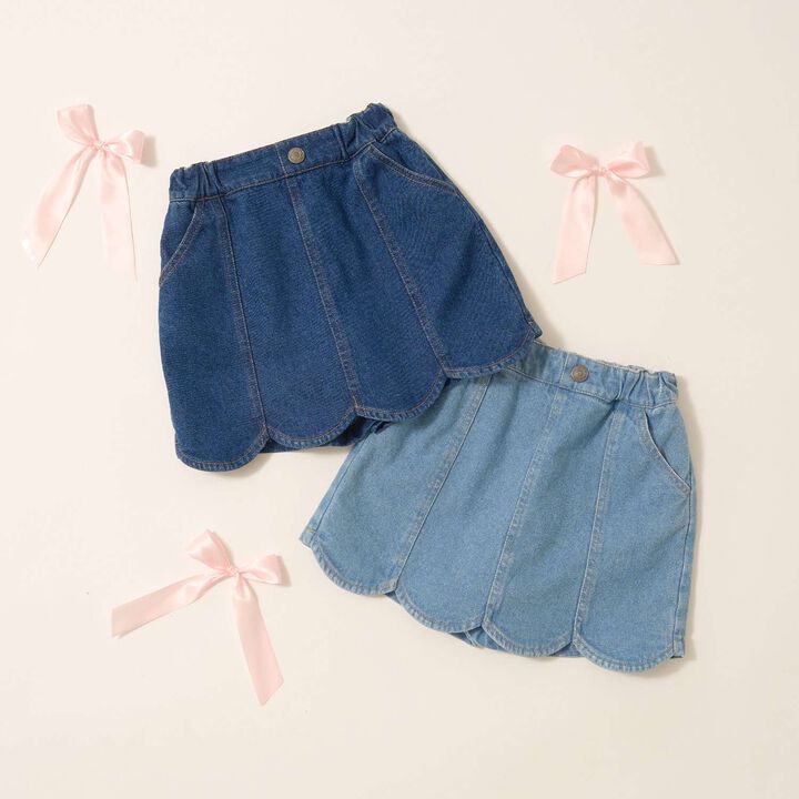 Stretch Denim Scallop Trim Skirt with Shorts,Sax blue, medium image number 13