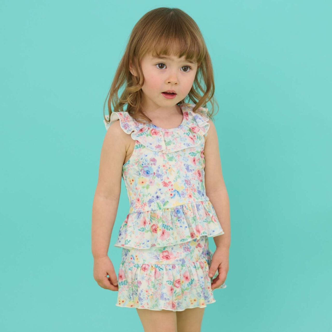 [SWIM] Girls' Floral Pattern Two-Piece Swimsuit [UV Protection],Pink, large image number 12