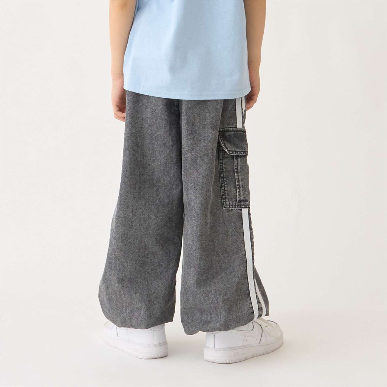 [Elastic Hem] Striped Denim Cargo Pants,Black, large image number 2