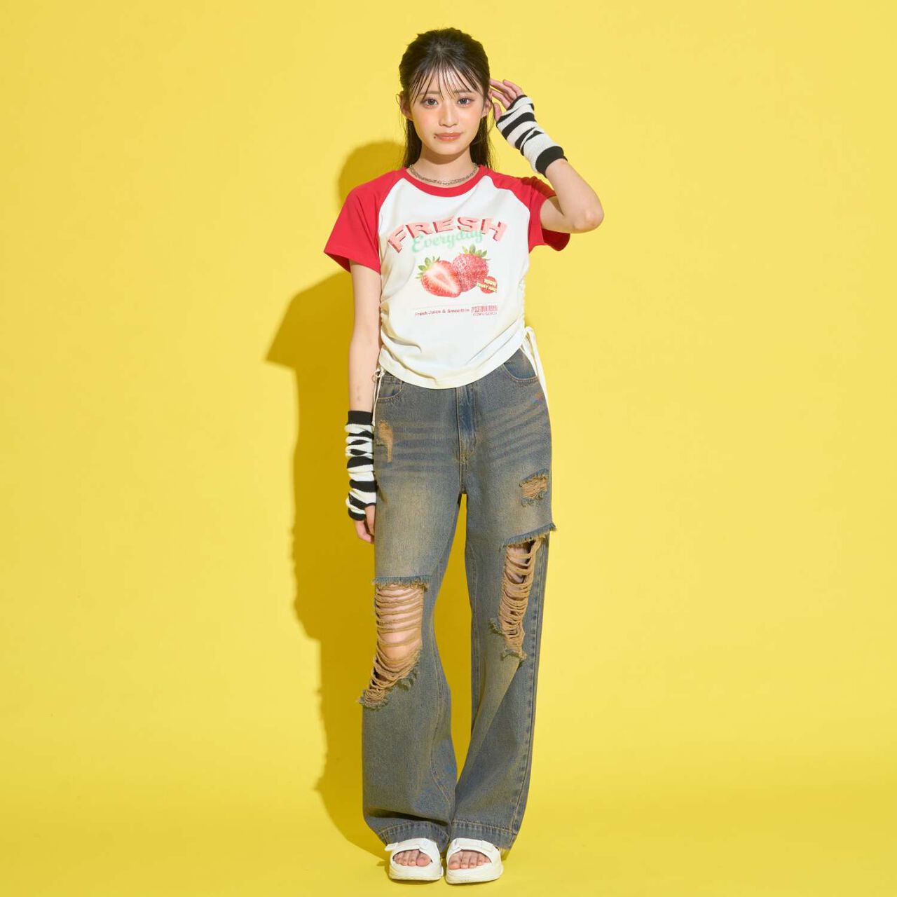 [GOKUGOKU] Multi-Function Shirred Crop Raglan Short-Sleeve T-Shirt,Orange, large image number 5