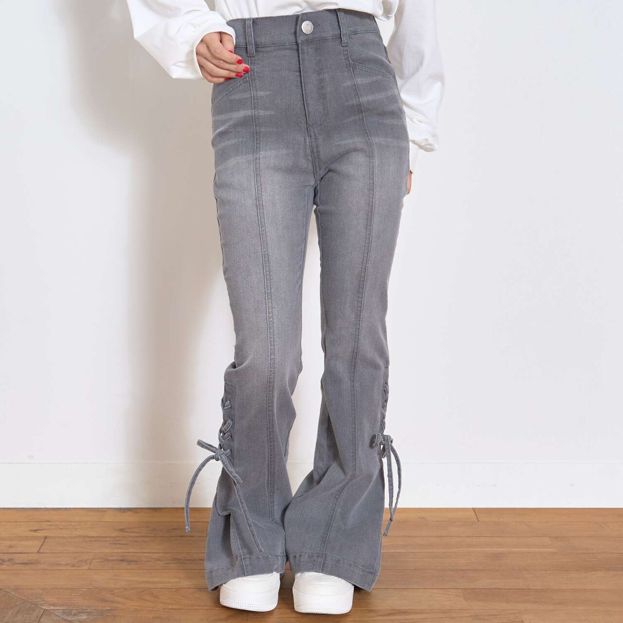 Lace-Up Ribbon Flare Denim Pants,Gray, large image number 3