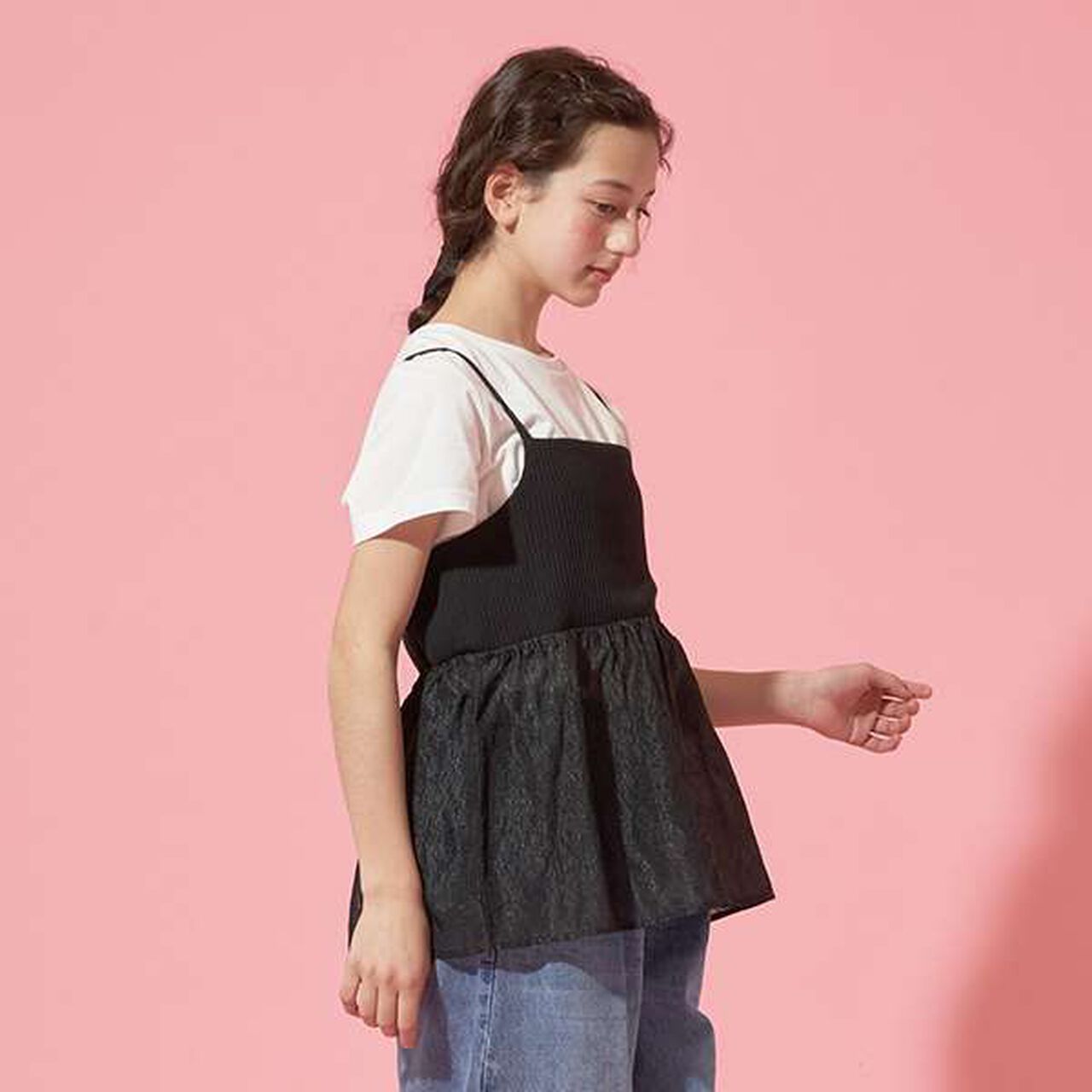 [AMI] Rib Contrast Flower Tunic & Inner Wear Set,Black, large image number 4