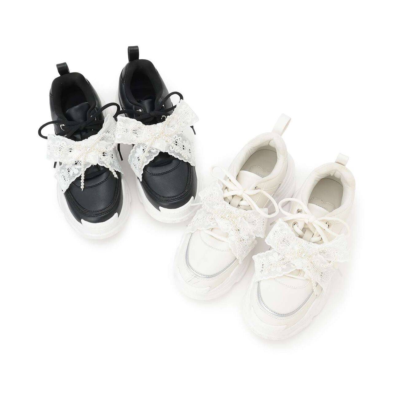 Pearl Lace Ribbon Dad Sneakers,Black, large image number 21