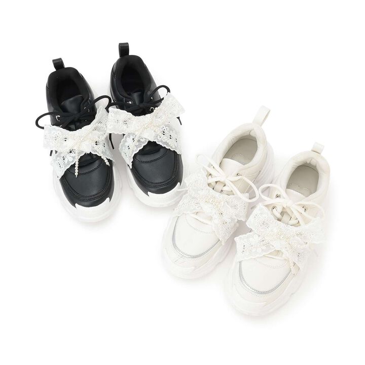 Pearl Lace Ribbon Dad Sneakers,Black, medium image number 21