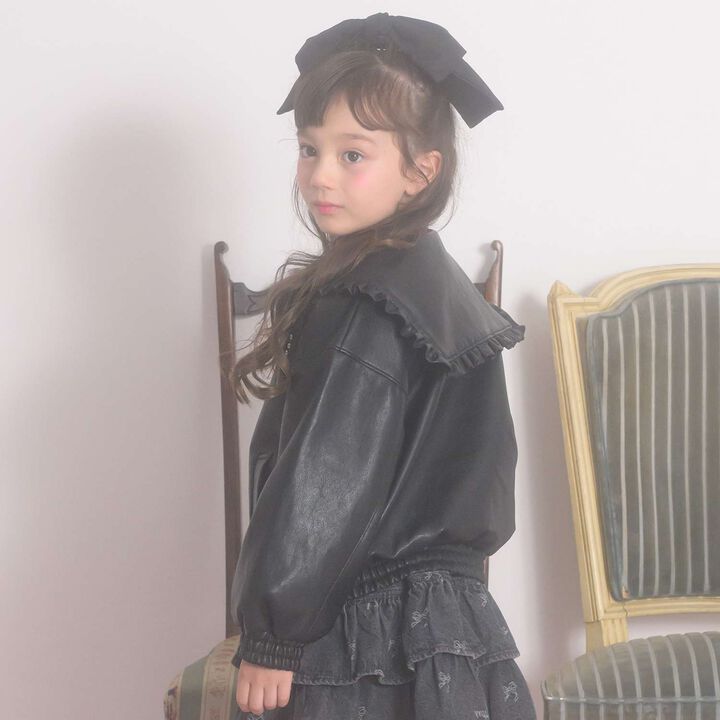 Denim & Faux Leather Sailor Collar Bomber Jacket,Sax blue, medium image number 4