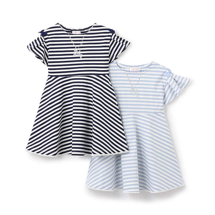 Necklace Embroidery Stripe Pattern One-Piece Dress,Navy, medium image number 5