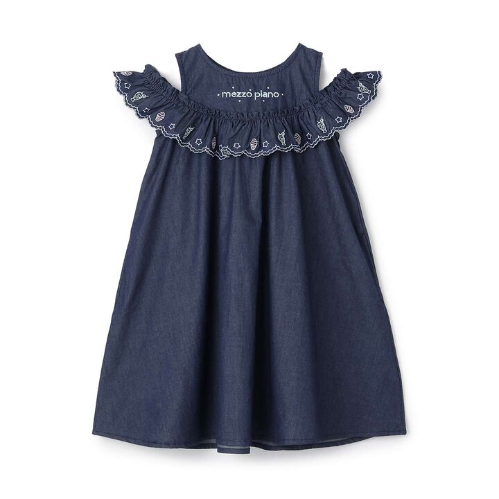 Cutwork Embroidery 2WAY Shoulder-Opening Denim One-Piece Dress [Cool Touch],Sax blue, medium image number 4