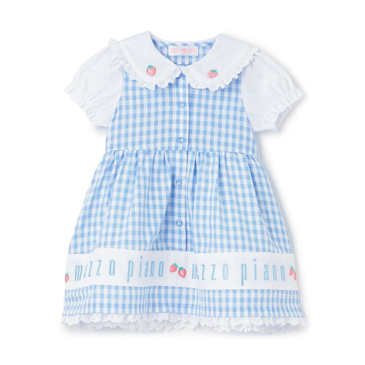 Gingham Check One-Piece Dress with Hem Logo Embroidery,Sax blue, medium image number 0