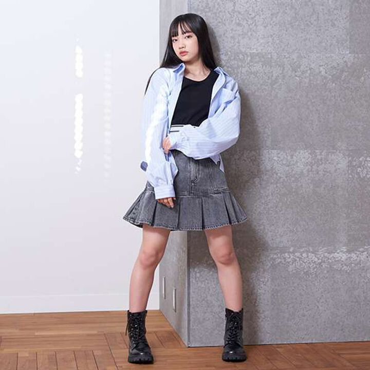 LTXC - Denim Box Pleat Skirt with Inner Shorts,Blue, medium image number 4