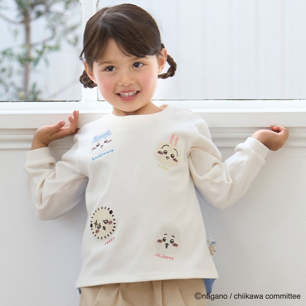 Chikawa Face Motif Long-Sleeve T-Shirt,Top gray, large image number 2