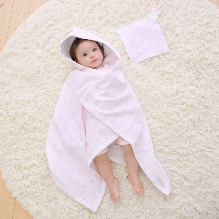 [Box Included] Rose Pattern Gauze Towel, Bath Poncho, and Handkerchief Set,, medium