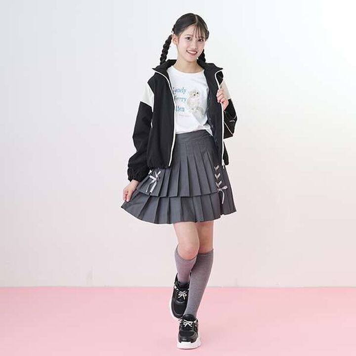 Lace-Up Ribbon Double Layer Pleated Skirt-Pants,Gray, medium image number 17