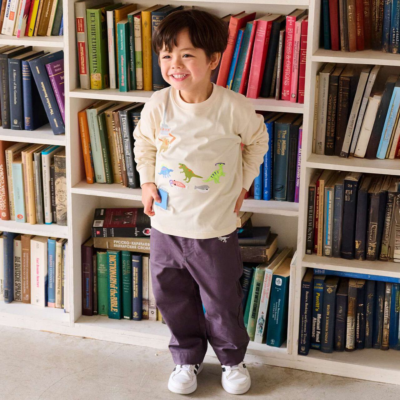 Dinosaur Embroidery Long-Length Wide Straight Pants,Charcoal gray, large image number 1