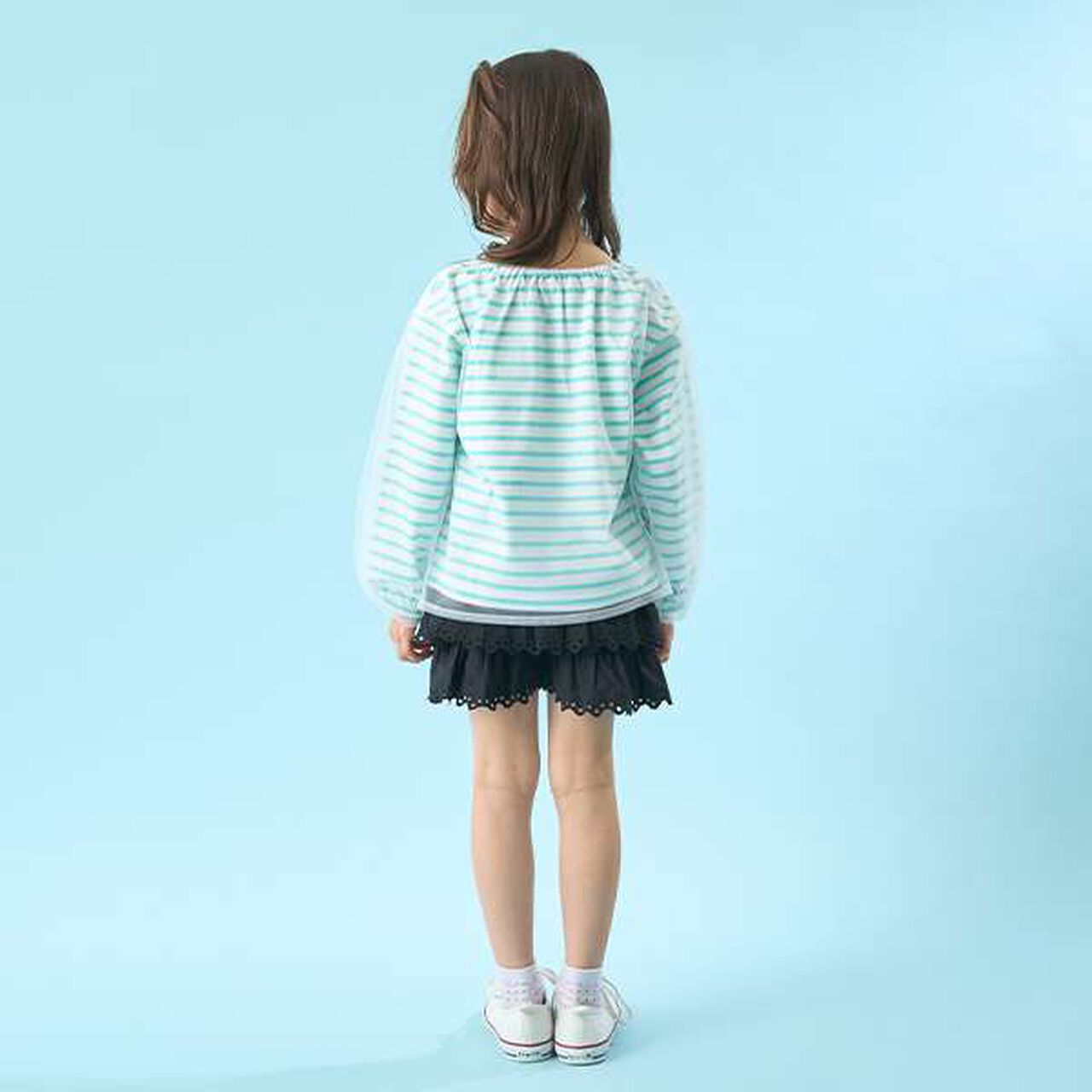Soft Cotton Tulle Layered Stripe Boat Neck T-Shirt,Blue, large image number 24