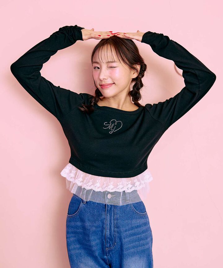 Hem Frill Rhinestone T-Shirt [Korean Fashion],Pink, medium image number 3