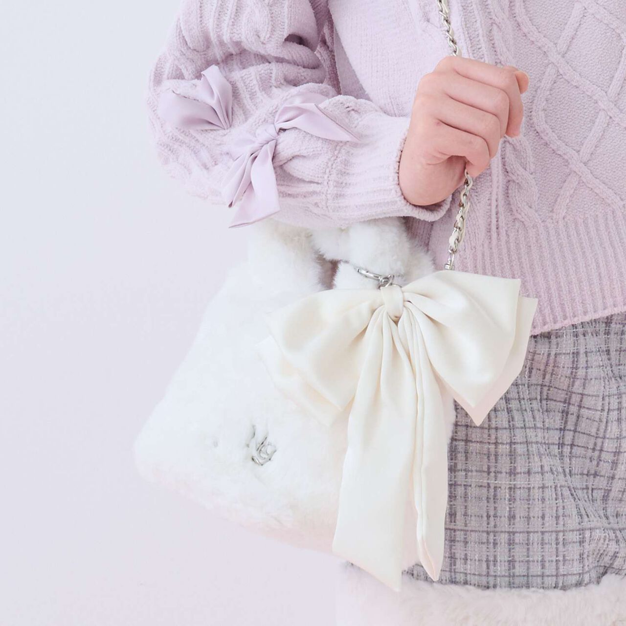 Faux Fur Shoulder Bag with Pearl & Rhinestone Accents,Ivory, large image number 0
