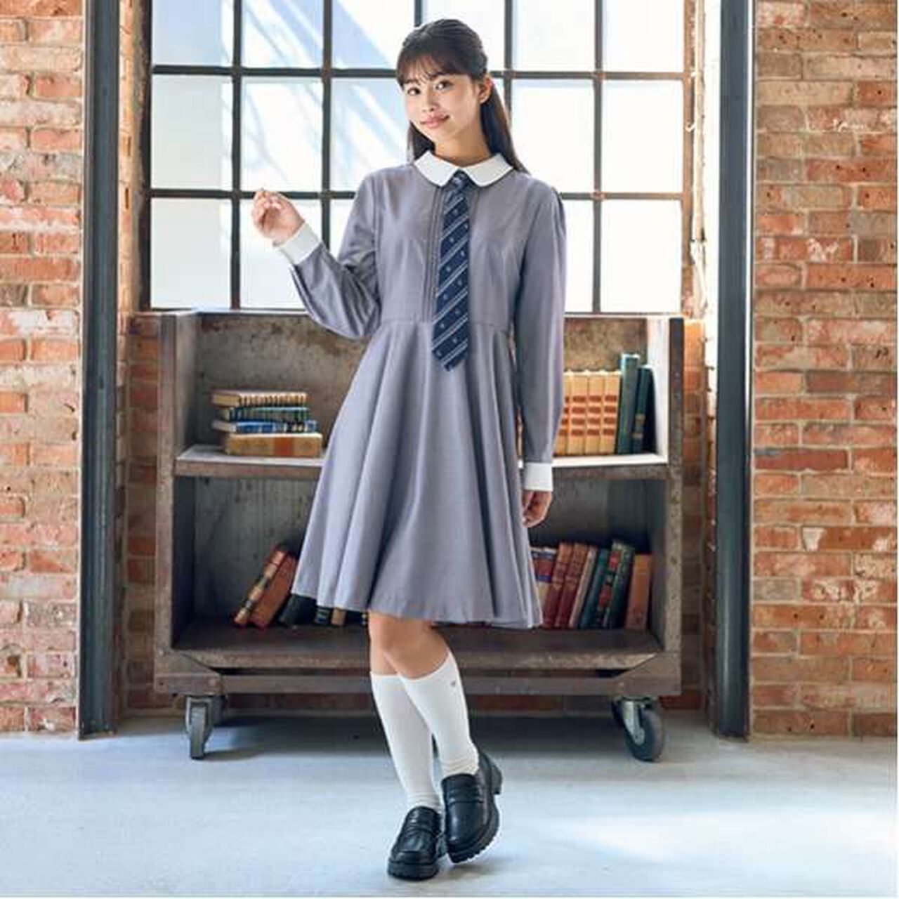 [Graduation Attire] One-Piece Dress with Ribbon Tie,Gray, large image number 0