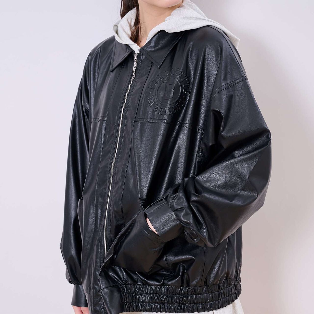 [Machine Washable] Faux Leather Bomber Jacket,Black, large image number 10