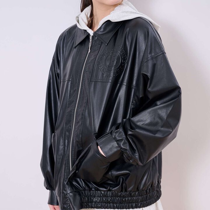 [Machine Washable] Faux Leather Bomber Jacket,Black, medium image number 10