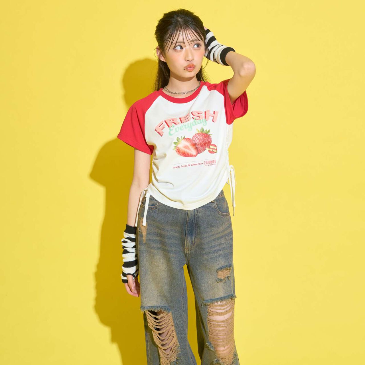 [GOKUGOKU] Multi-Function Shirred Crop Raglan Short-Sleeve T-Shirt,Orange, large image number 3