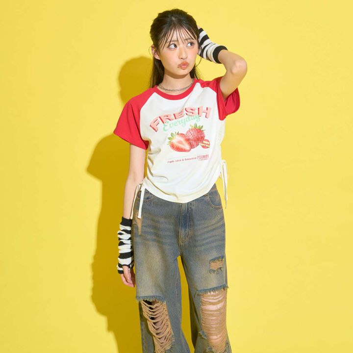 [GOKUGOKU] Multi-Function Shirred Crop Raglan Short-Sleeve T-Shirt,Orange, medium image number 3