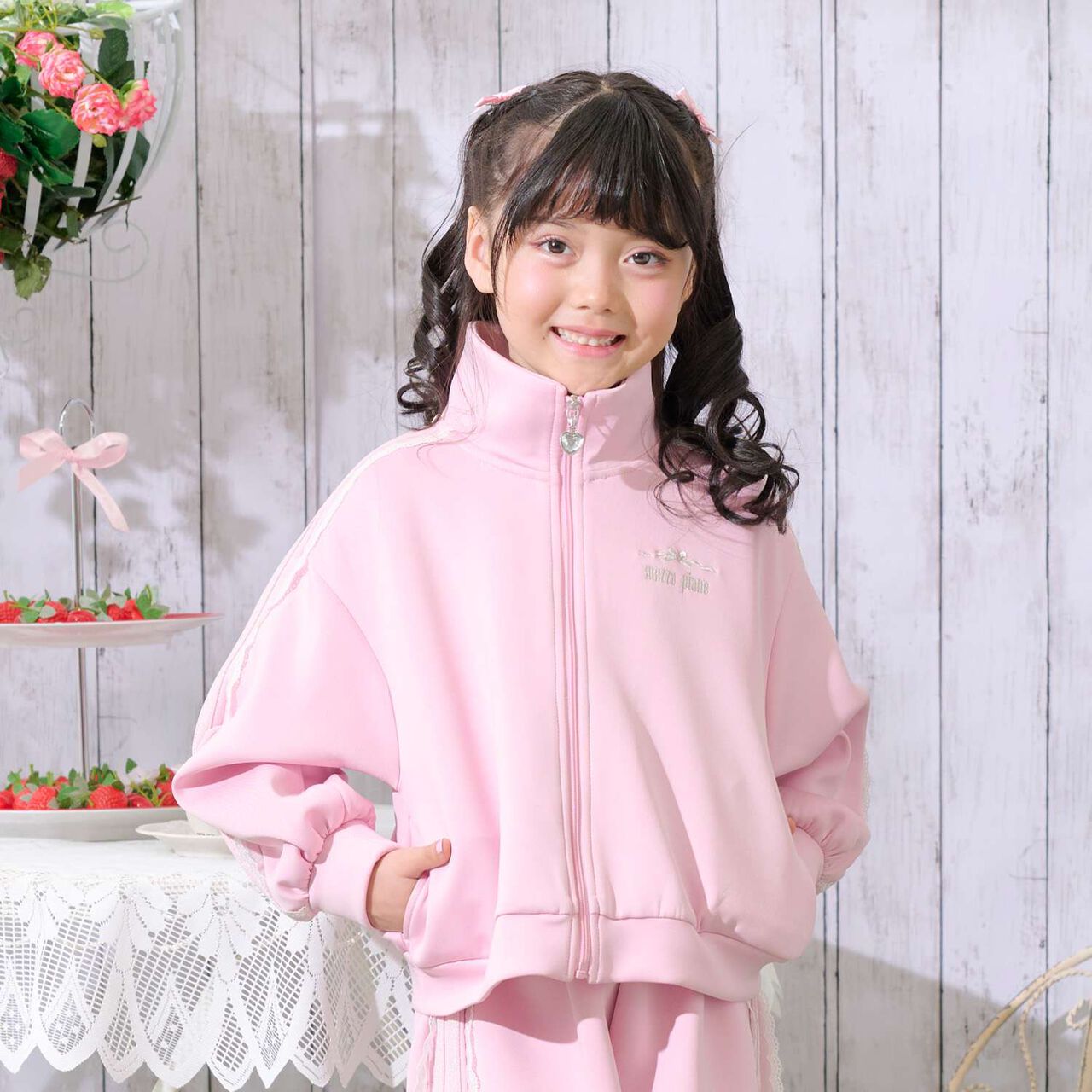 Lace Sleeve Line Zip Jersey,Pink, large image number 0